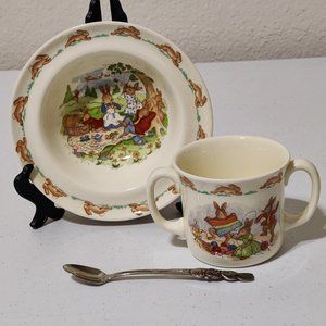 Set of 3: Royal Doulton Bunnykins Rimmed Bowl Cup Mug Oneida Spoon Baby Gift Set